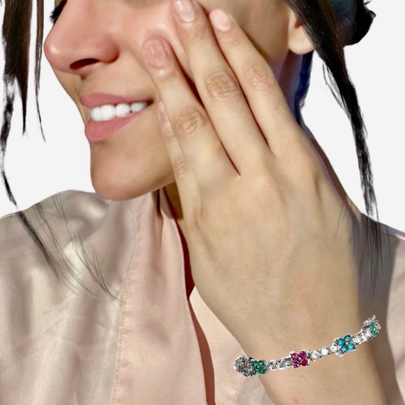 FANCY 10K White Gold Plated Pink Green Blue Flowers Crystal Tennis Bracelet - Picture 10 of 10